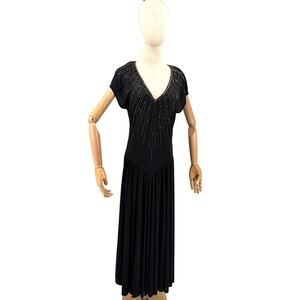 Vintage 80s Nuit Black Drop Waist Beaded Sunburst Flounce Glam Evening Dress